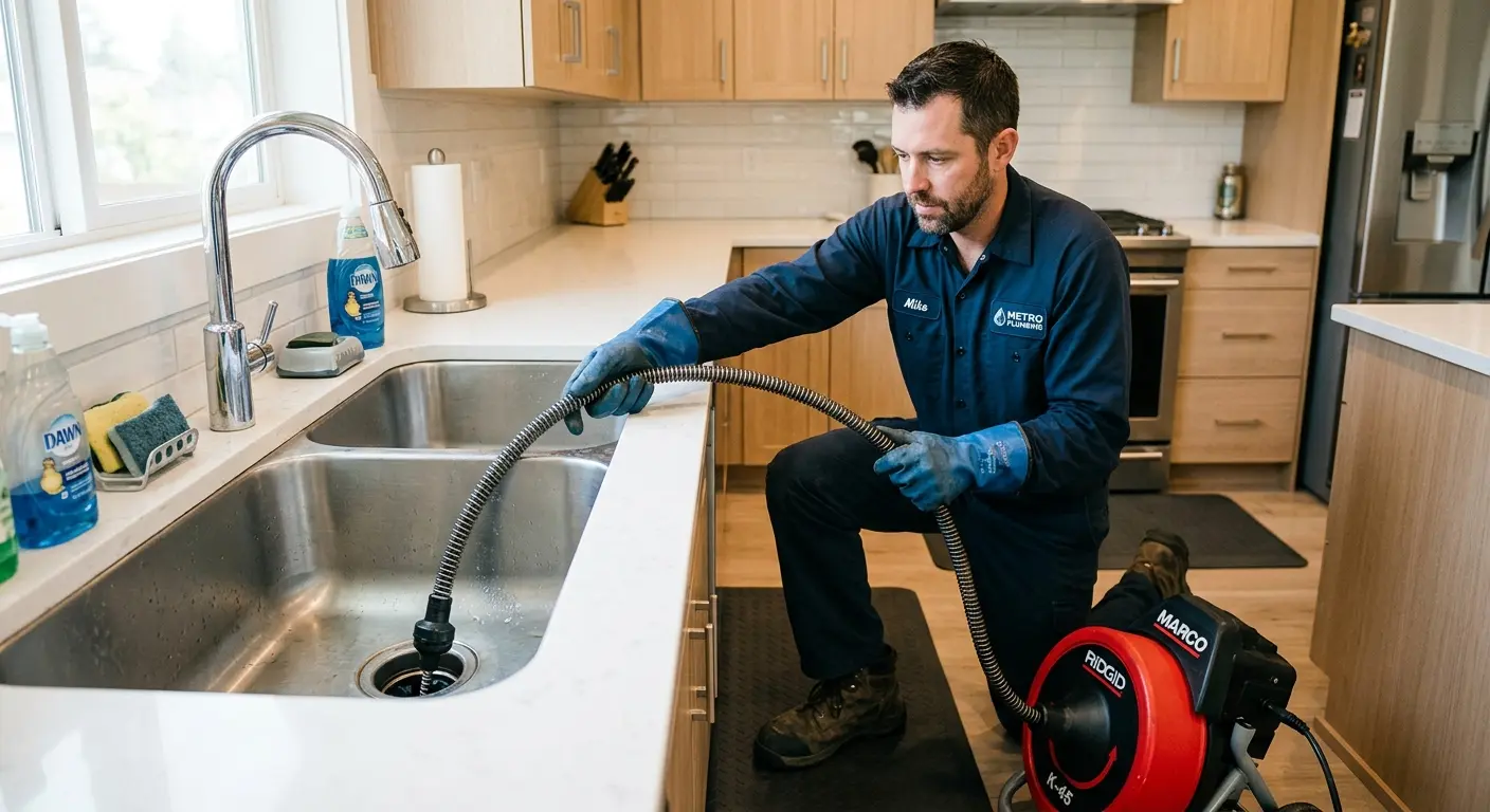 Drain cleaning technician using a motorized snake on a kitchen sink in Chain Lake