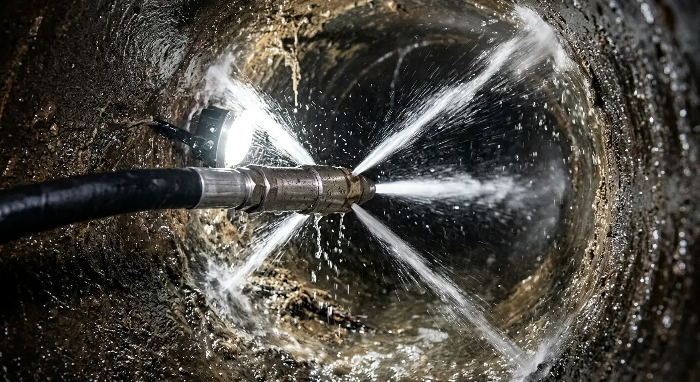 High-pressure hydro jetting nozzle cleaning sewer pipe for Trenchless Sewer Repair in Chain Lake