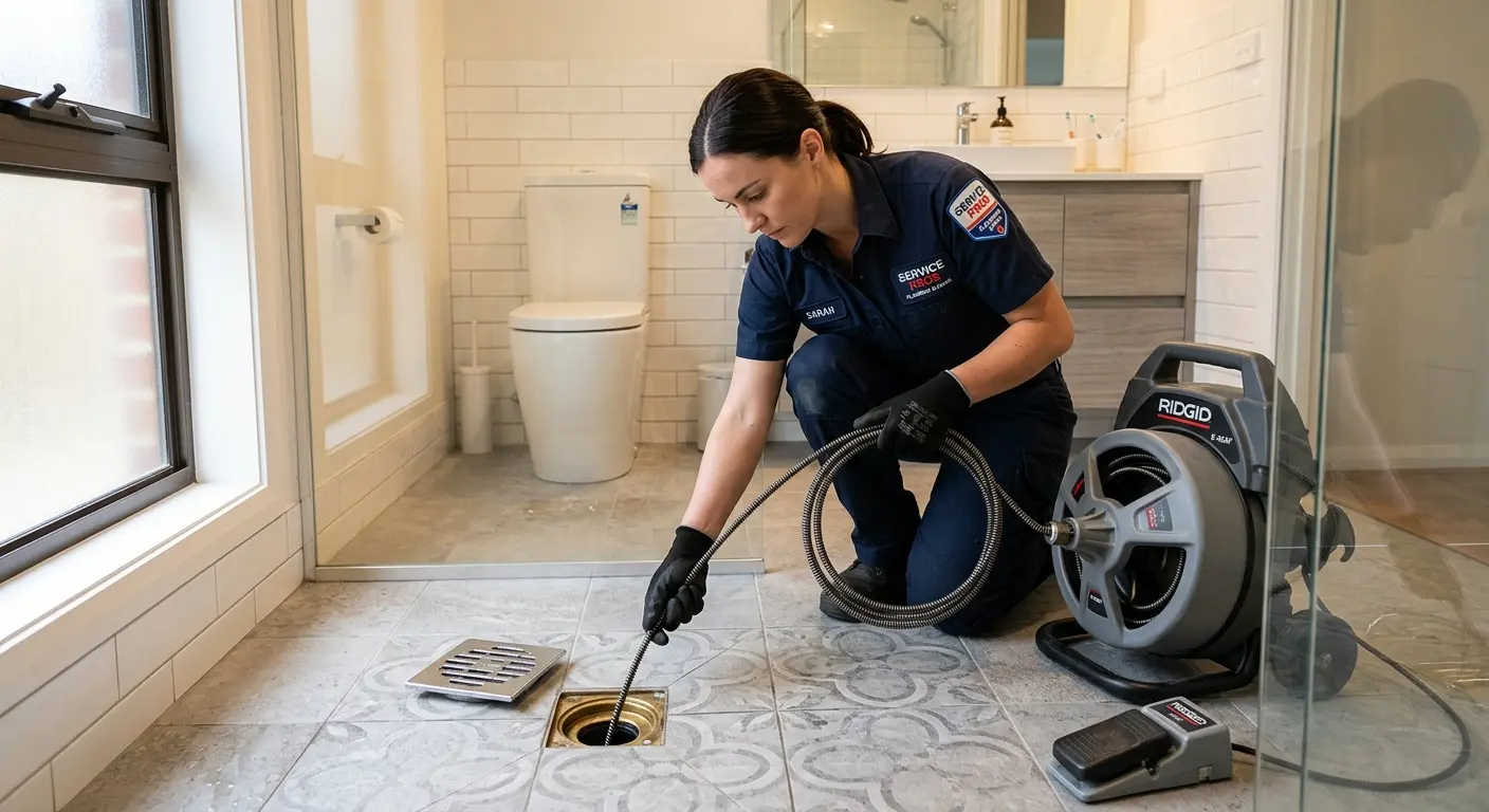 Technician clearing a bathroom floor drain for Sewer Line Replacement in Chain Lake